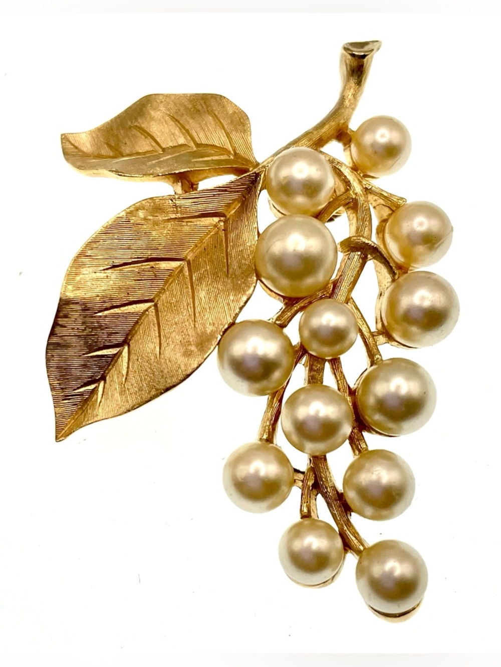 Vintage Crown Trifari Faux Pearl Leaf Spray Brooch Gold Tone Pin Mid Century